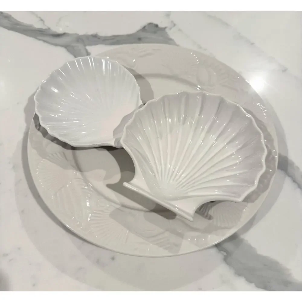 Vintage White Ceramic Seashell Serving Bundle - 3-Piece Platter & Shell Bowls